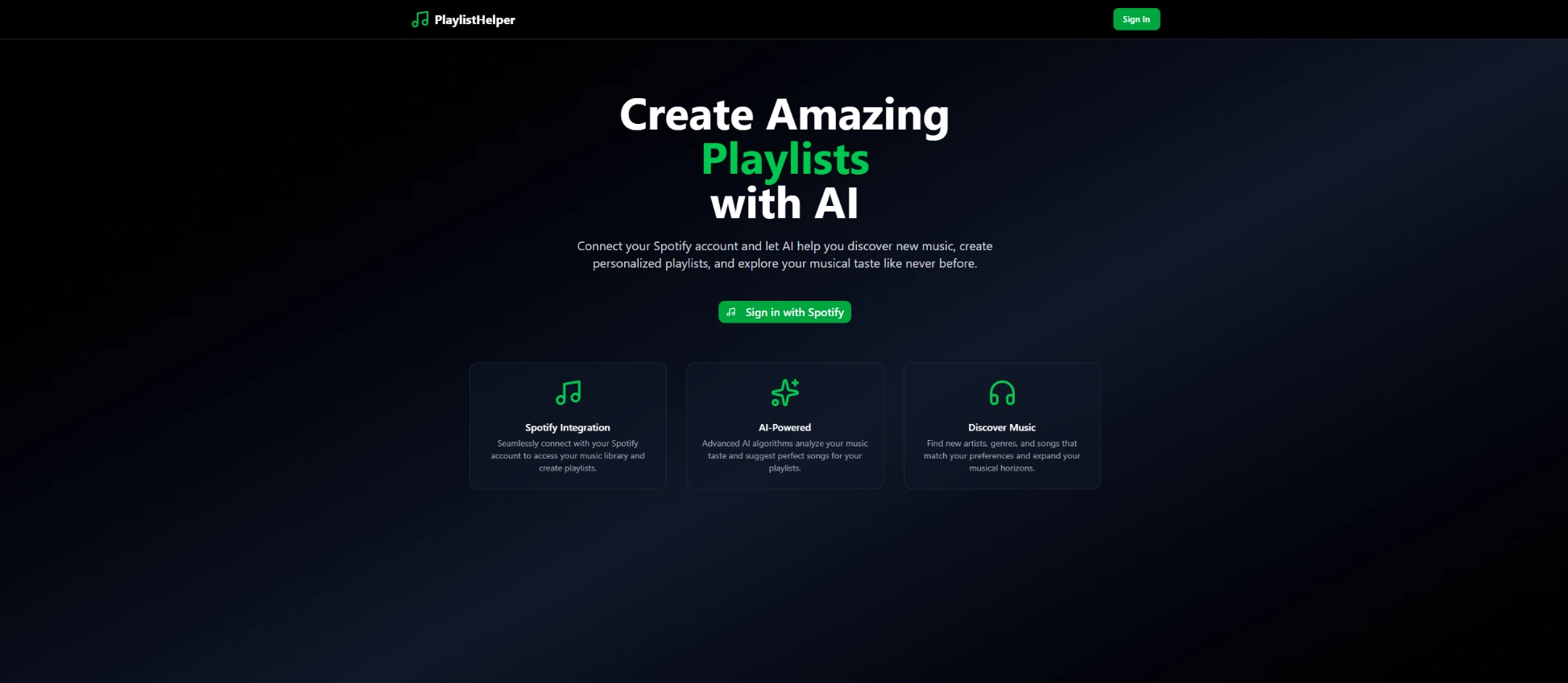 Playlist Helper — AI-powered Spotify playlist generator landing page